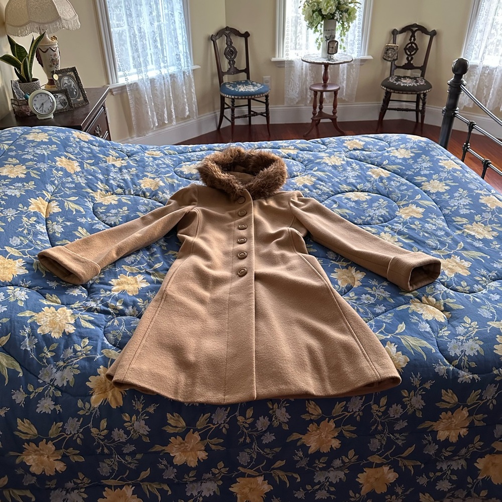 CHARLES KLEIN TAN HOODED WOOL KNEE-LENGTH TRENCH COAT SIZE 1